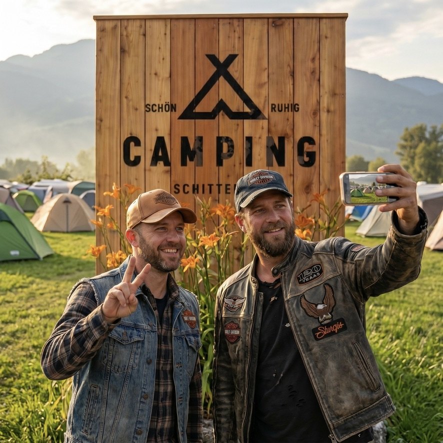 Selfie am Schitterhof Camping WEISS – Fans vor dem Camping-Schitterhof Schild beim MotoGP Wochenende